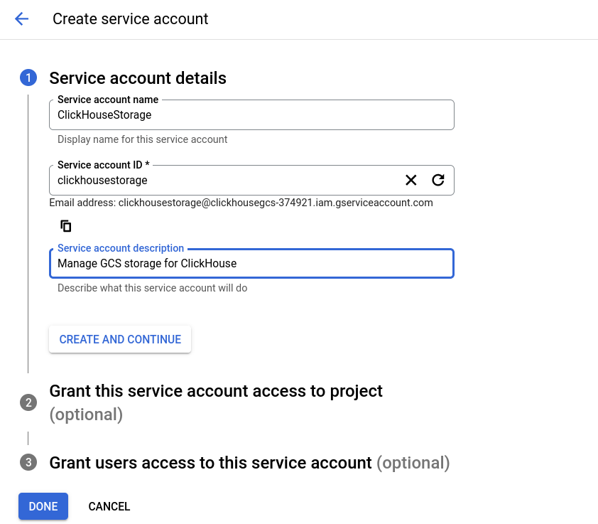 Определение имени и ID нов�ого сервисного аккаунта в GCS