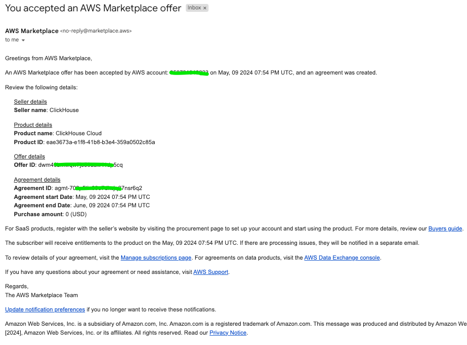 Электронное письмо с подтверждением AWS Marketplace