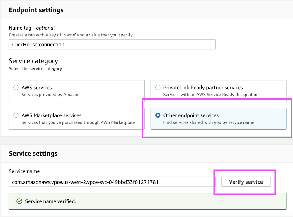 Настройки конечной точки AWS PrivateLink