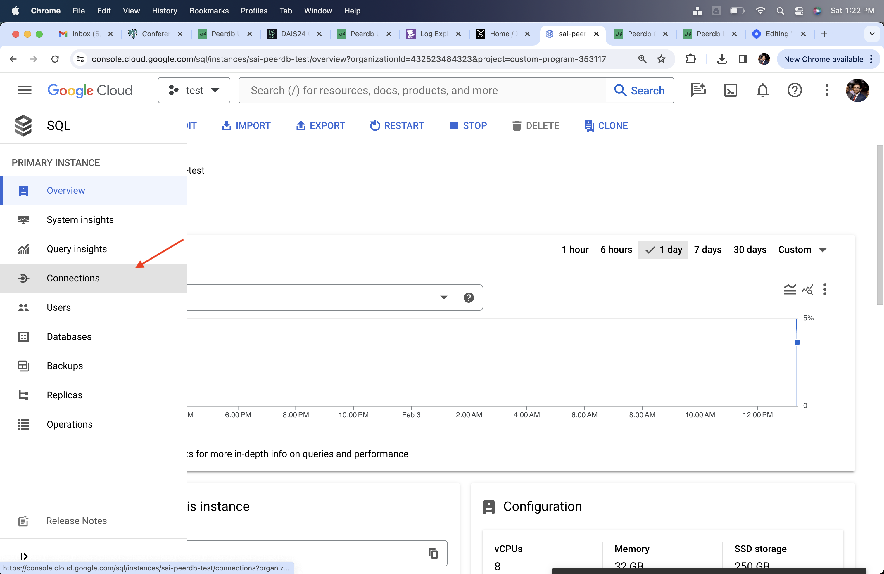 Раздел Подключения в Cloud SQL