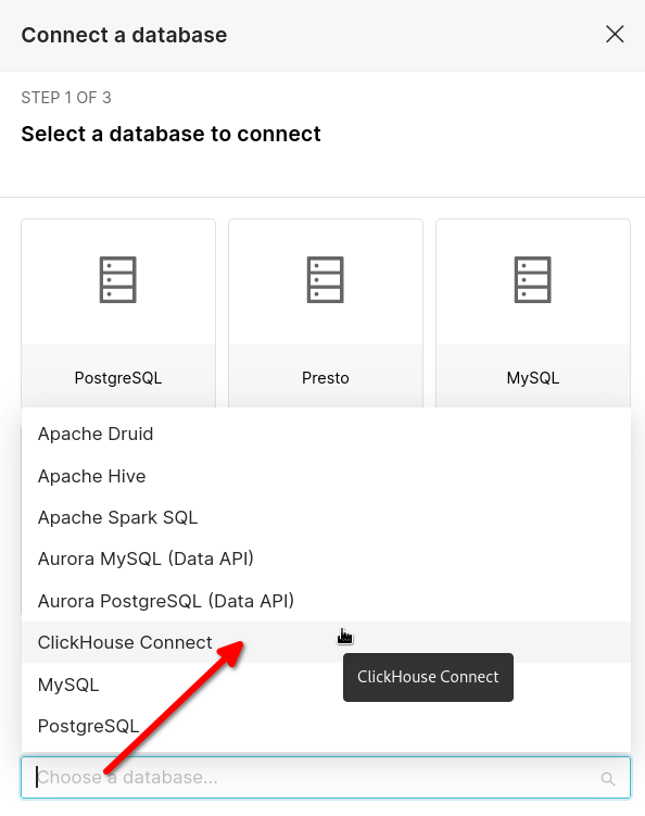 Выбор clickhouse connect как типа базы данных